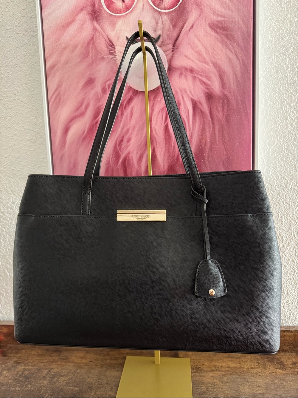 kate spade Black Leather Tote with Gold Plaque